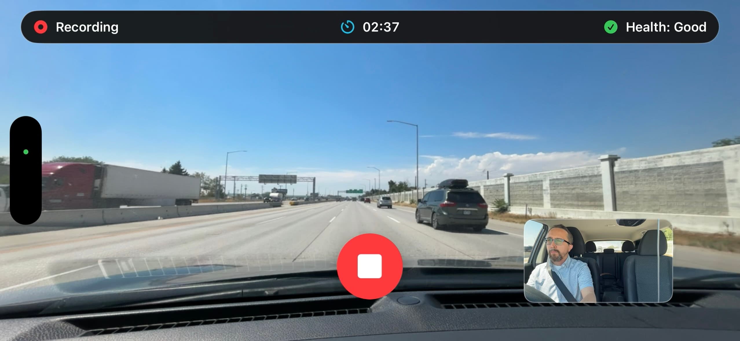 MightyDash recording a road view with elapsed time, Recording Health, stop control, and front-camera preview
